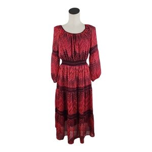 Fig and Flower Red Print Chiffon Smocked Waist 3/4 Sleeve Midi Dress Sz M
